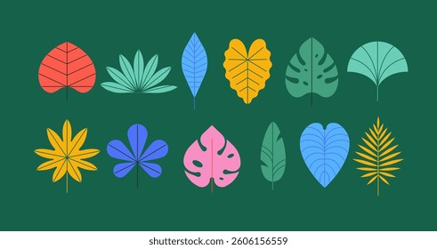 Summer tropic leaves design collection. Geometric simple, flat, modern style. Summer vector illustration