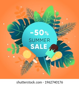Summer tropic neon background. Exotic leaves, palm tree, tropical plants, fruits and ice cream illustration for flyer, banner, social media post. Sale promotion vector template