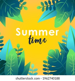 Summer tropic neon background. Exotic leaves, palm tree, tropical plants illustration for flyer, banner, social media post. Sale promotion vector template
