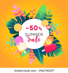 Summer tropic neon background. Exotic leaves, palm tree, tropical plants, fruits and ice cream illustration for flyer, banner, social media post. Sale promotion vector template