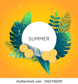Summer tropic neon background. Exotic leaves, palm tree, tropical plants and orange fruits illustration for flyer, banner, social media post. Sale promotion vector template