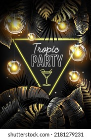 Summer tropic party poster with black and gold tropic leaves and modern electric lamps. Nature concept. Summer background. Vector illustration