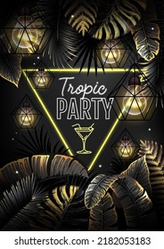 Summer tropic party poster with black and gold tropic leaves and modern electric lamps. Nature concept. Summer background. Vector illustration