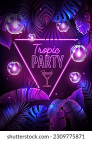 Summer tropic party poster with fluorescent tropic leaves and modern electric lamps. Nature concept. Summer background. Vector illustration