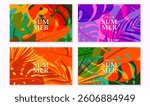 Summer tropic pattern background. Tropical jungle leaves banner design with retro modern texture, horizontal. Exotic abstract creative nature. Palm tree, monstera, banana vector illustration.