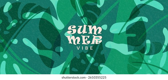 Summer tropic pattern background. Tropical jungle leaves banner design with retro modern texture. Exotic nature concept in creative style. Green monstera leaves vector illustration.