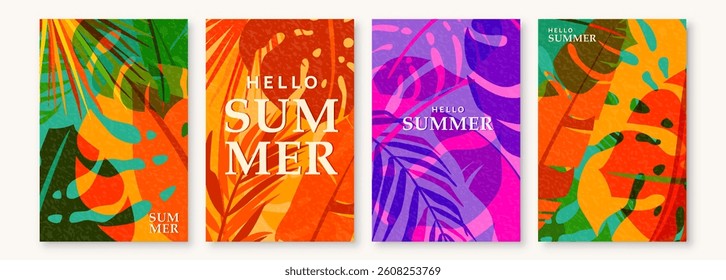 Summer tropic pattern set background. Tropical jungle leaves poster design with retro modern texture. Exotic abstract nature card in creative style. Palm tree, monstera, banana vector illustration.