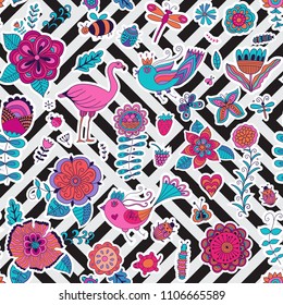 Summer tropic pattern with striped seamless black pattern