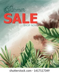 Summer tropic seaside Vector watercolor. Sea cost and palm trees. Holiday poster. Sale banner template