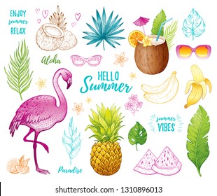 Summer tropic sticker set  for t-shirt print, logo design, print, ca. Vector flamingo, palm leaf, exotic fruit. Hand drawn vintage art. Cool doodle pineapple, watermelon, banana. White background