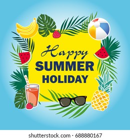 Summer tropic travel background design. The concept of a postcard on a summer theme with summer attributes. Ball, glasses. Vector illustration, banner.