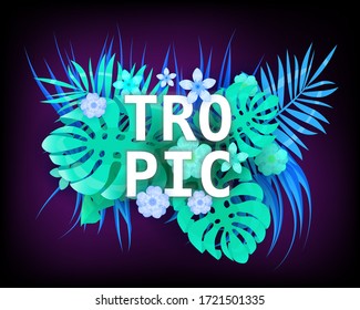 Summer Tropic trendy neon tropical leaves exotical plants palm jungle leaf. Trending colors on dark background template banner. Vector illustration isolated