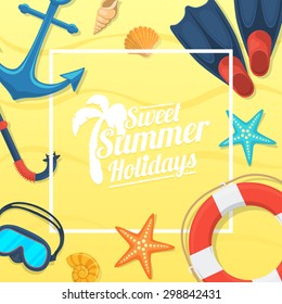 Summer tropic vacation background design. Sea shore and swimming accessories. 