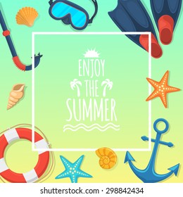 Summer tropic vacation background design. Sea shore and swimming accessories. 