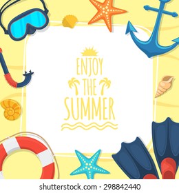 Summer tropic vacation background design. Sea shore and swimming accessories. 