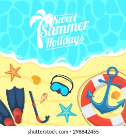 Summer tropic vacation background design. Sea shore and swimming accessories. 