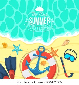 Summer tropic vacation background design. Sea shore and swimming accessories. 