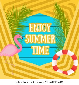 Summer Tropic  Vacation Background with flamingo Bird. Summer Holiday in Pastel Wood Background