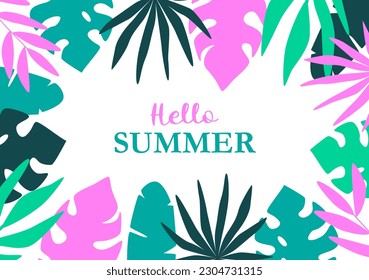 Summer tropical abstract background with place for text. Tropical leaves frame, banner, card, flyer. Horizontal template.