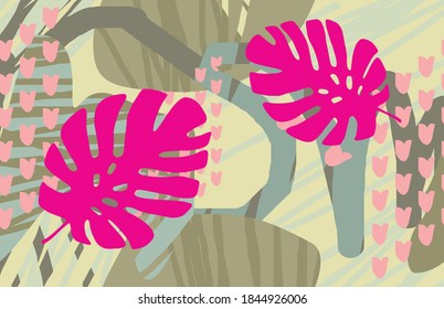 Summer tropical abstract background with trendy colors with exotic leaves and flowers. Vector floral background.