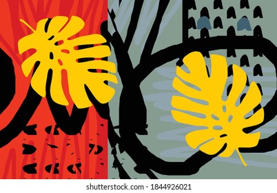 Fondo tropical abstracto de verano con colores de moda con hojas exóticas y flores. Fondo vectorial floral.