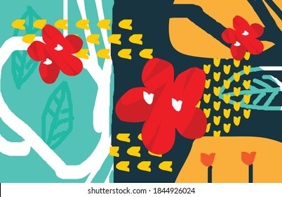 Summer tropical abstract background with trendy colors with exotic leaves and flowers. Vector floral background.