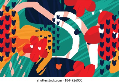 Summer tropical abstract background with trendy colors with exotic leaves and flowers. Vector floral background.