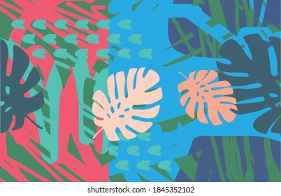 Summer tropical abstract background with trendy colors with exotic leaves and flowers. Vector floral background.