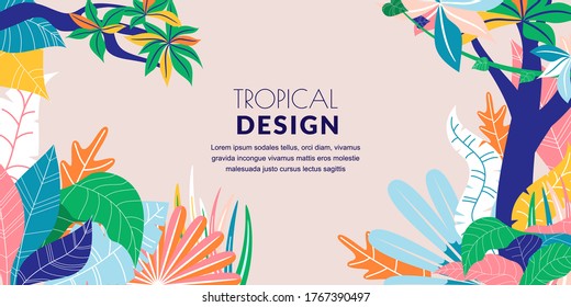 Fondo de marco horizontal abstracto tropical de verano. Ilustración de dibujos animados planos vectores. Hojas de palma de doodle pintadas a mano. Banner de naturaleza de la jungla, afiche, plantilla de diseño de tarjeta de saludo