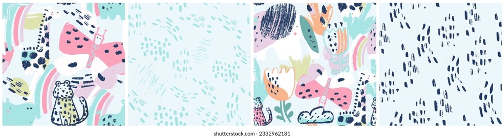 Summer tropical animals seamless pattern. Hand drawn abstract organic shape print. Beach vacation background design, savannah textile. Giraffe, elephant, cheetah, exotic wallpaper, jungle safari motif