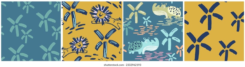 Patrón transparente de los animales tropicales de verano. Impresión de forma orgánica abstracta dibujada a mano. Diseño de fondo de vacaciones en la playa, textil sabana. Rinocerontes, león, papel tapiz exótico de la palmera, motivo de safari de la jungla