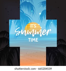 Summer tropical background (backdrop). Ocean (beach) with sunset, night sky with stars and palms. Summertime, summer time poster, card