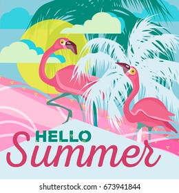 Summer tropical background (backdrop). Ocean (beach), sky with cloudsand sun. Palm silhouette. Flamingo birds. Summertime, summer time poster, Hello summer card
