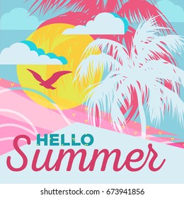 Summer tropical background (backdrop). Ocean (beach), sky with clouds, sun, seagull and palm silhouette. Summertime, summer time poster, Hello summer card