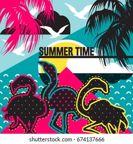Summer tropical background (backdrop), retro, pop-art design. Ocean (beach), sky with clouds, sun, seagulls. Palms and flamingos silhouettes. Summertime, summer time poster, Hello summer card