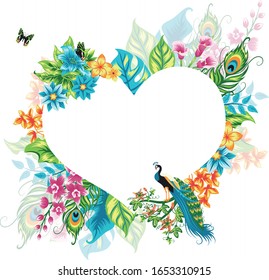 Summer tropical background banner with flowers and peacock. Vector floral background.