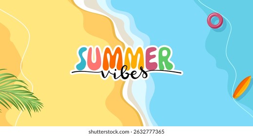Vista superior de la playa de fondo tropical de verano con hojas de palma y texto de caligrafía Ilustración simple