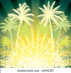 Summer tropical background, coconut palm trees and sun