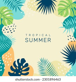 Summer tropical background with copy space for text. Palm leaves. Floral exotic hawaiian frame. Modern trendy colorful design. Vector template for card, cover, poster, social media post, banner.