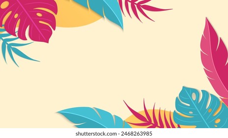 Diseño de fondo tropical de verano. Colorido Anuncio de verano con hojas tropicales. Ilustración vectorial