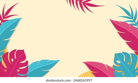 Summer tropical background design. Colorful summer banner with tropical leaves. Vector illustration