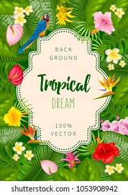 Summer tropical background design with frame for your text, parrot ara and exotic leaves and flowers. Vector illustration. 