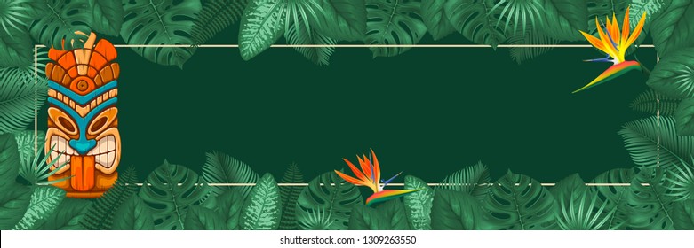 Summer tropical background design with frame for your text, tribal Tiki mask and exotic leaves and flowers. Vector illustration. 