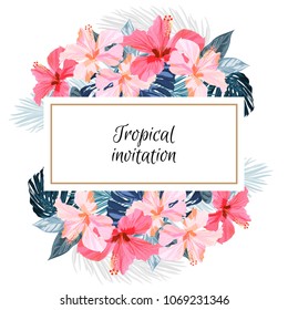 Summer tropical background design with palm leaves and exotic red hibisus flowers. Vector floral invitation and greeting card template.