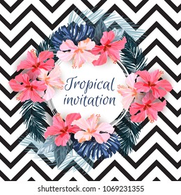 Summer tropical background design with palm leaves and exotic red hibisus flowers. Vector floral invitation and greeting card template.