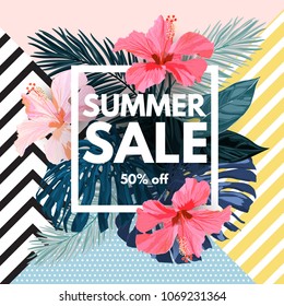 Summer tropical background design with palm leaves and exotic red hibisus flowers. Vector floral invitation and greeting card template.