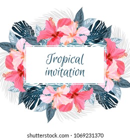 Summer tropical background design with palm leaves and exotic red hibisus flowers. Vector floral invitation and greeting card template.