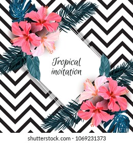 Summer tropical background design with palm leaves and exotic red hibisus flowers. Vector floral invitation and greeting card template.