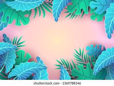 Summer tropical background design. Pink background and leaves for sale banner, poster or voucher discount. Summer vector background.