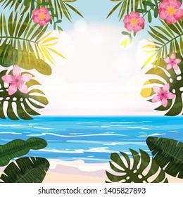 Summer tropical background with exotic floral plants leaves palm, beach ocean seashore, sky, clouds. Template summertime vacation holiday baner, poster, flyer, invitation card vector, isolated